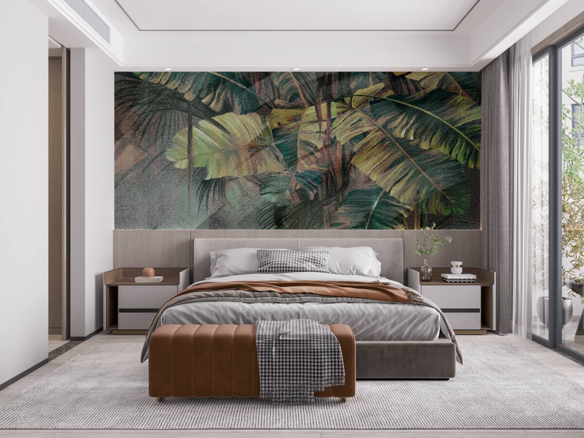 Fotobehang palmbladeren, dik en weelderig, in de stromende regen