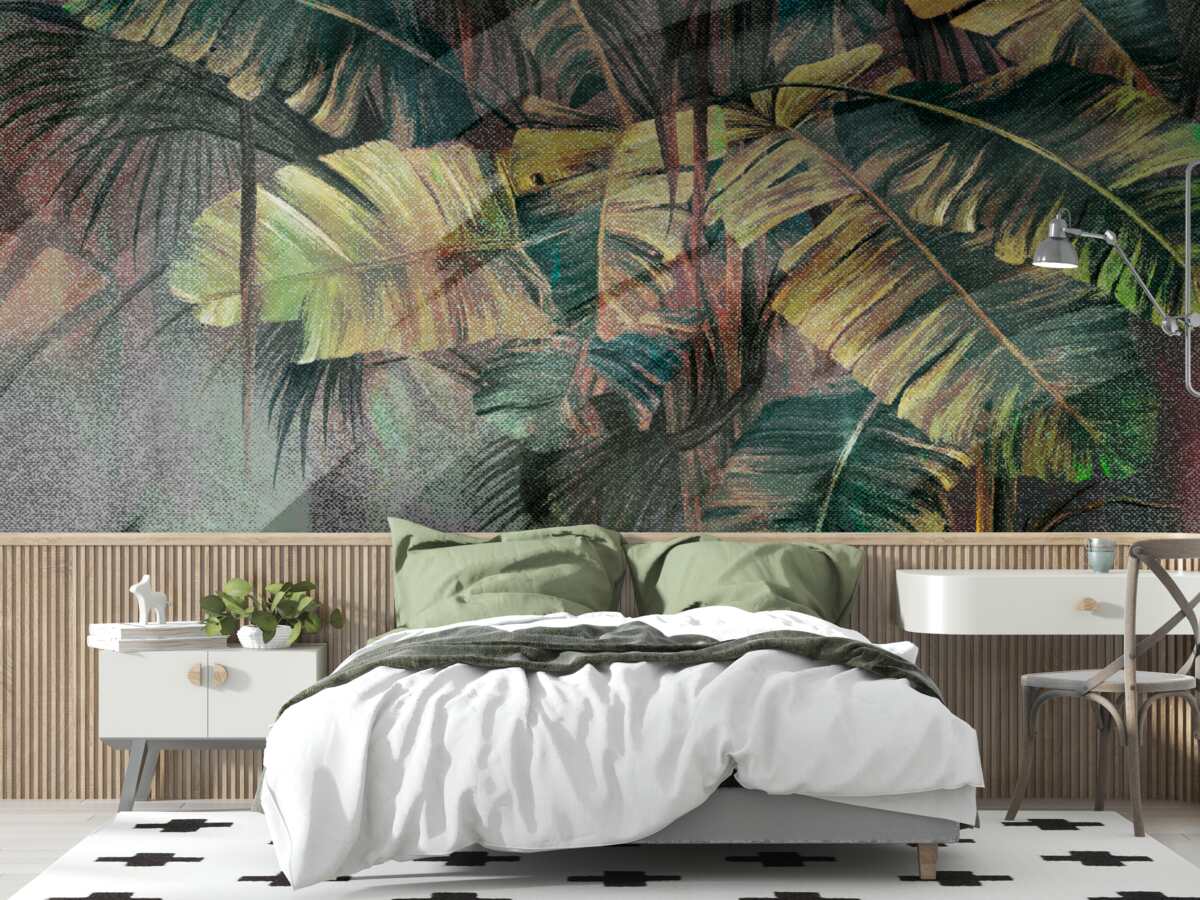 Fotobehang palmbladeren, dik en weelderig, in de stromende regen
