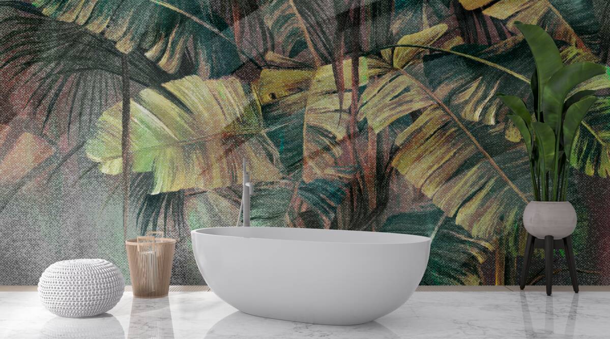 Fotobehang palmbladeren, dik en weelderig, in de stromende regen