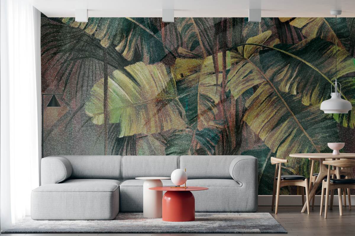 Fotobehang palmbladeren, dik en weelderig, in de stromende regen