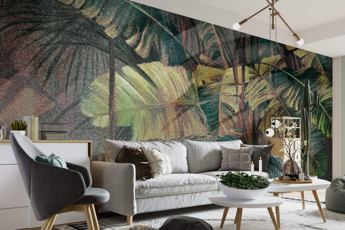 Fotobehang palmbladeren, dik en weelderig, in de stromende regen