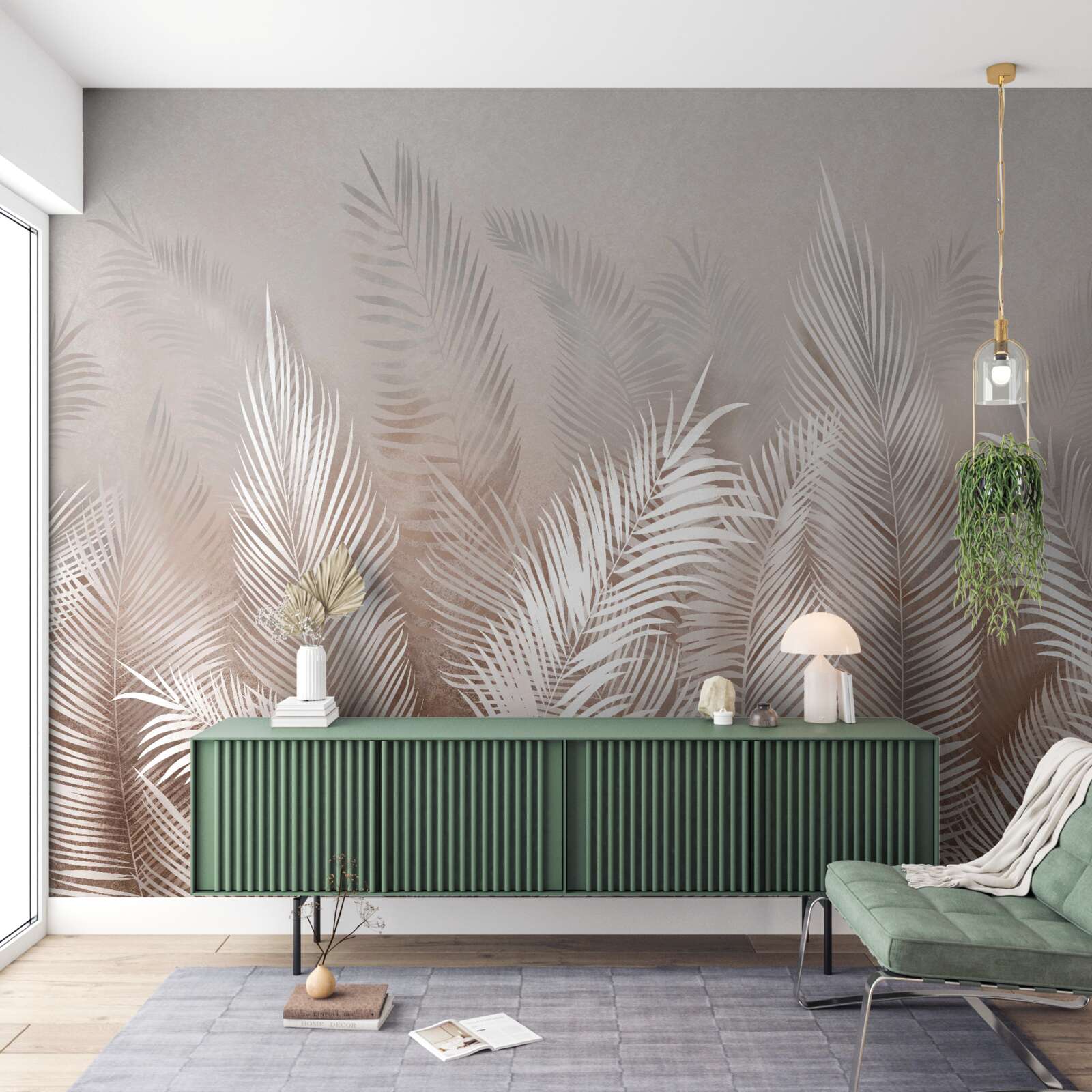 Fotobehang palmbladeren in beige tinten