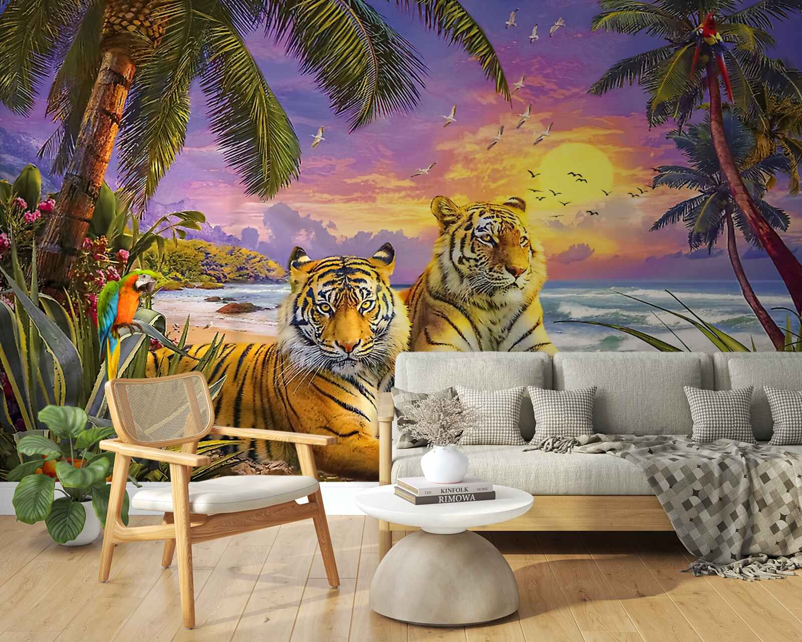 Fotobehang twee tijgers tegen een tropische hemel in de schemering