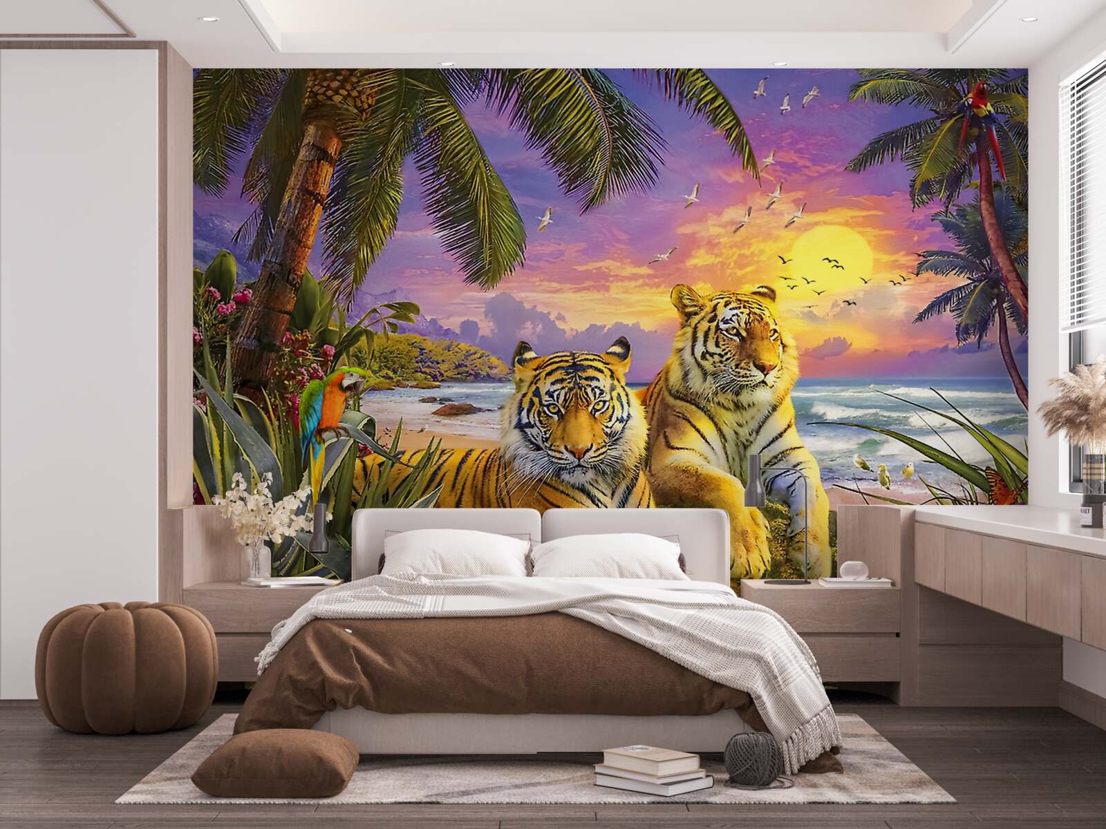 Fotobehang twee tijgers tegen een tropische hemel in de schemering