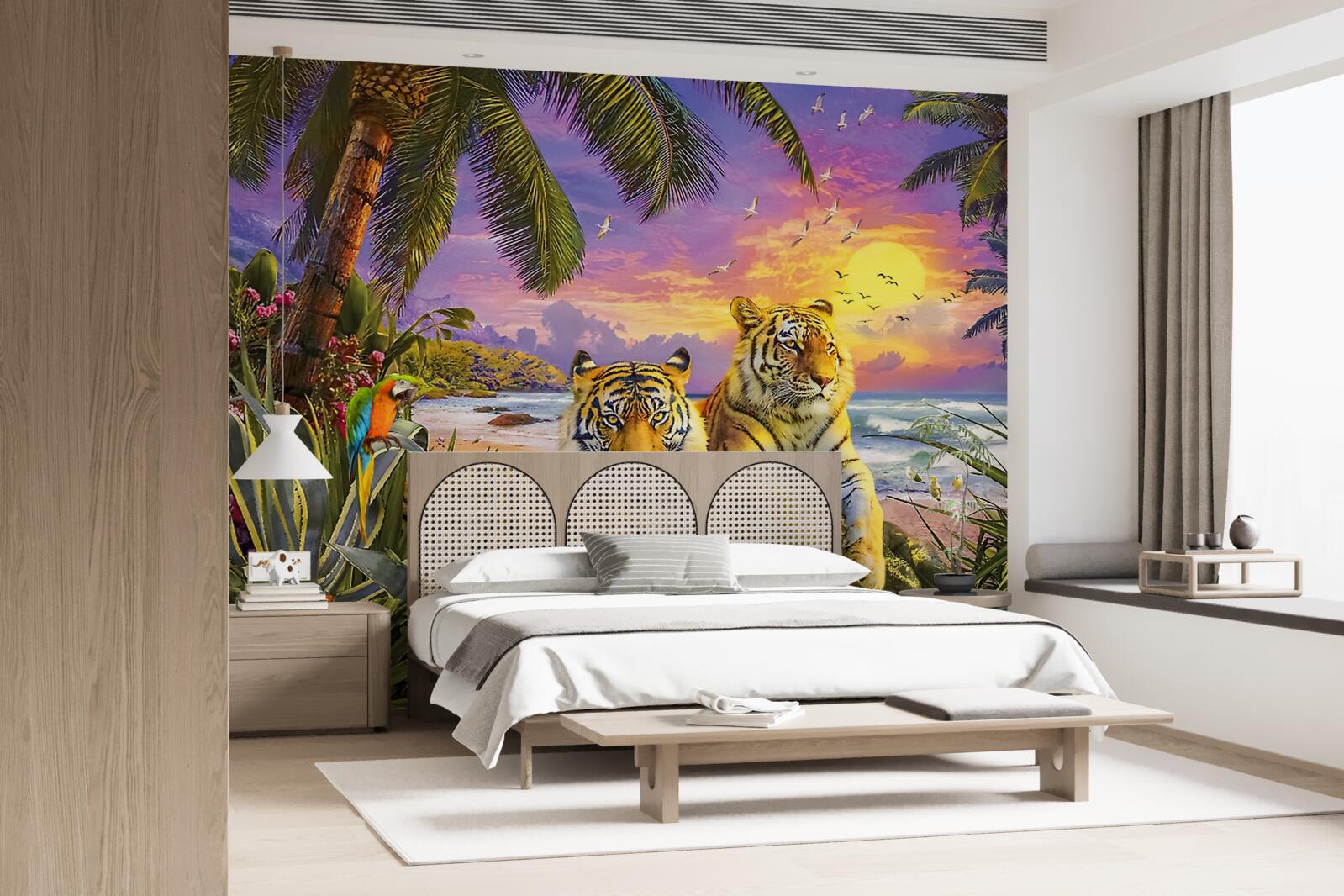 Fotobehang twee tijgers tegen een tropische hemel in de schemering