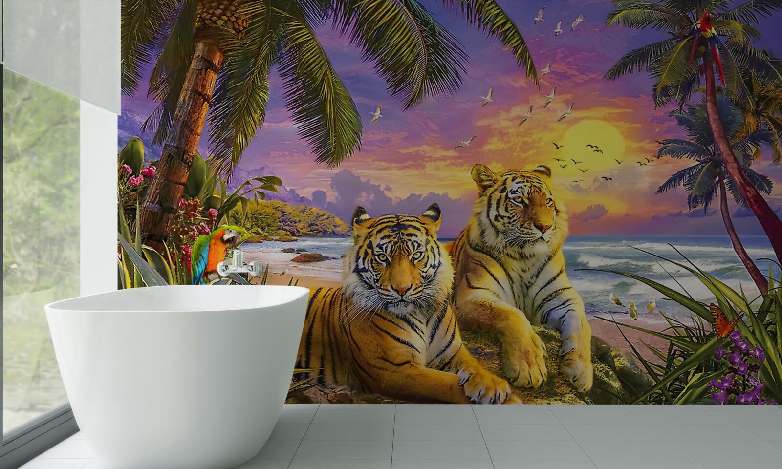 Fotobehang twee tijgers tegen een tropische hemel in de schemering