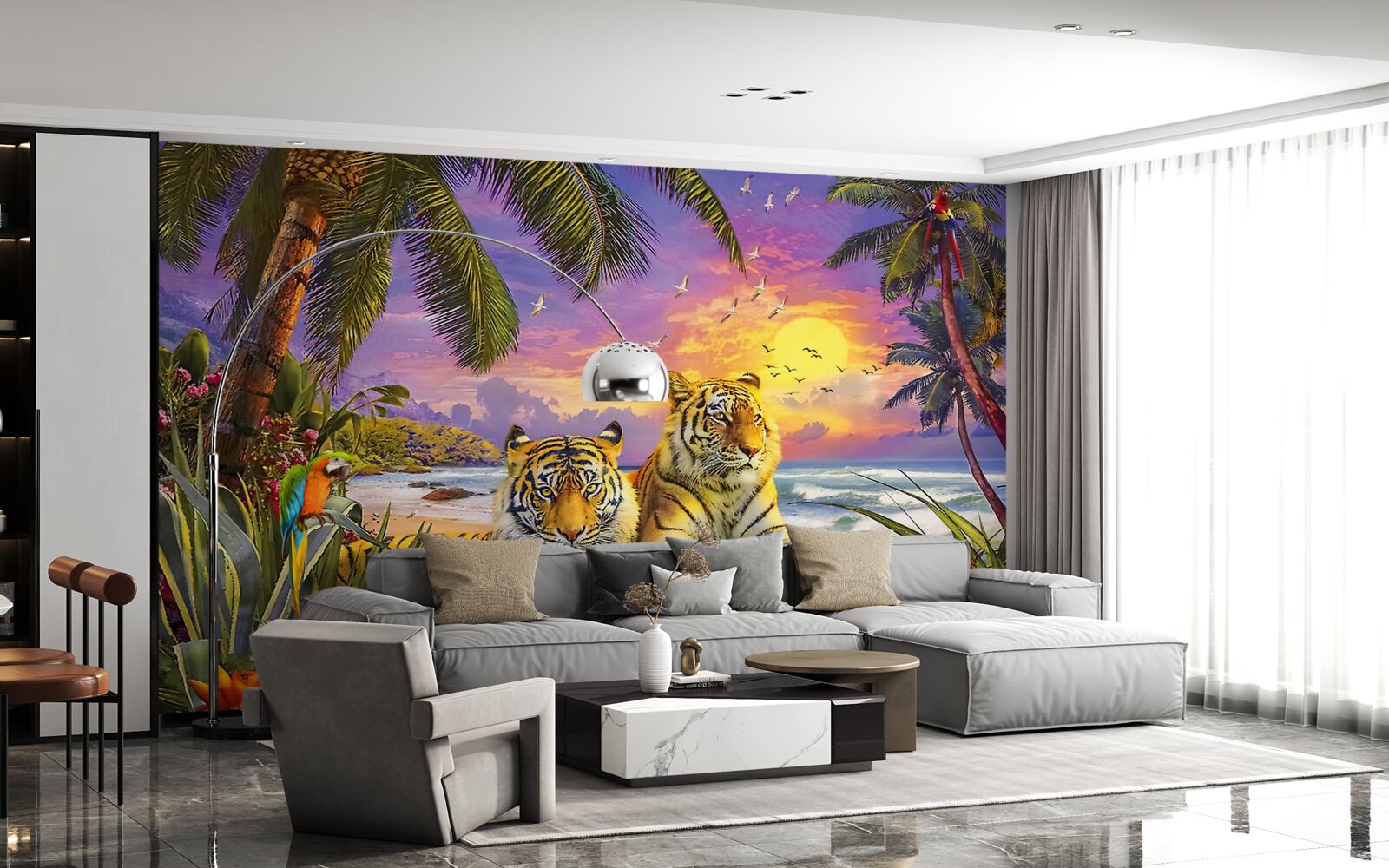 Fotobehang twee tijgers tegen een tropische hemel in de schemering