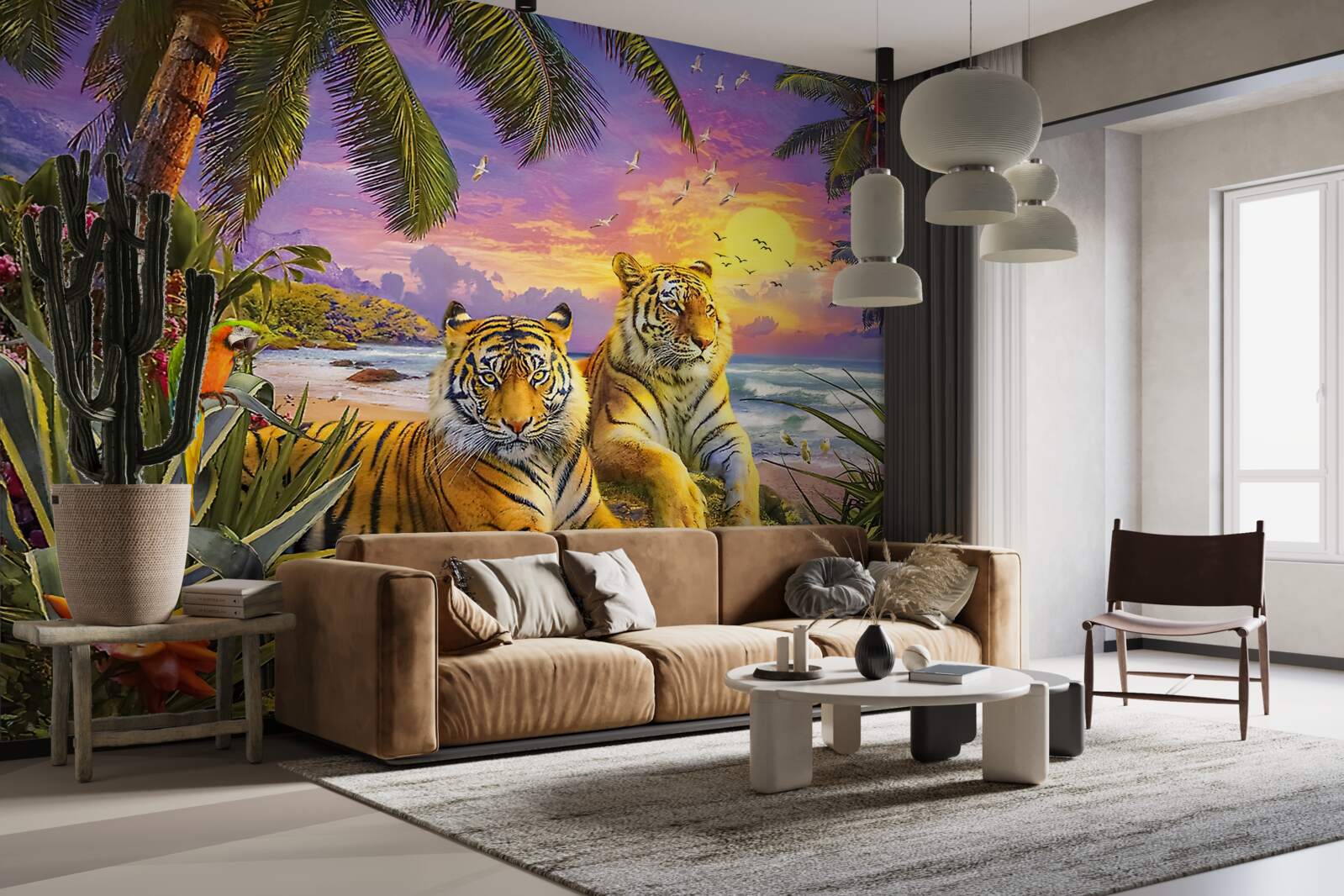 Fotobehang twee tijgers tegen een tropische hemel in de schemering