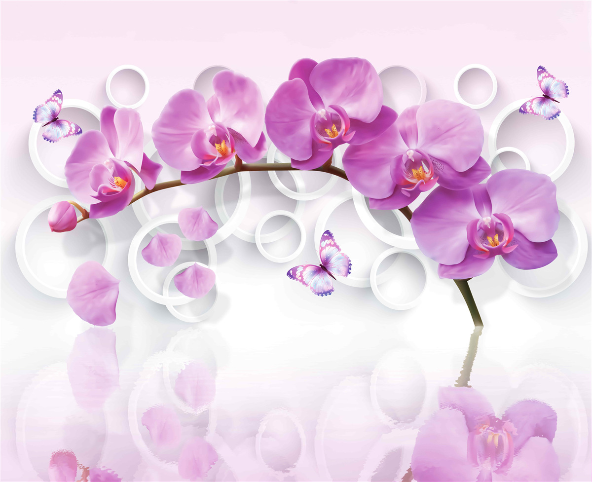 Fotobehang stam van een grote orchidee versierd met bloemen