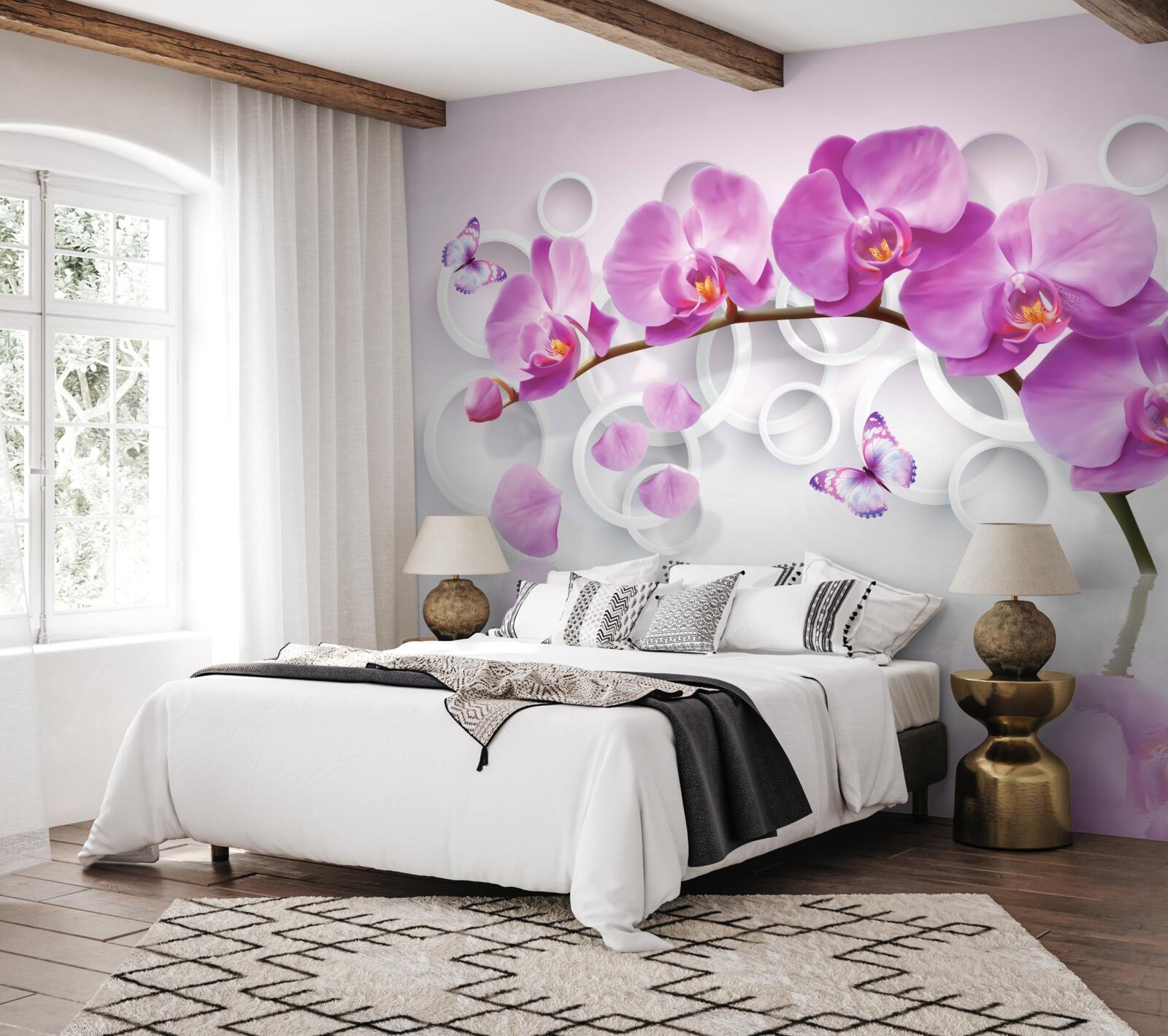 Fotobehang stam van een grote orchidee versierd met bloemen