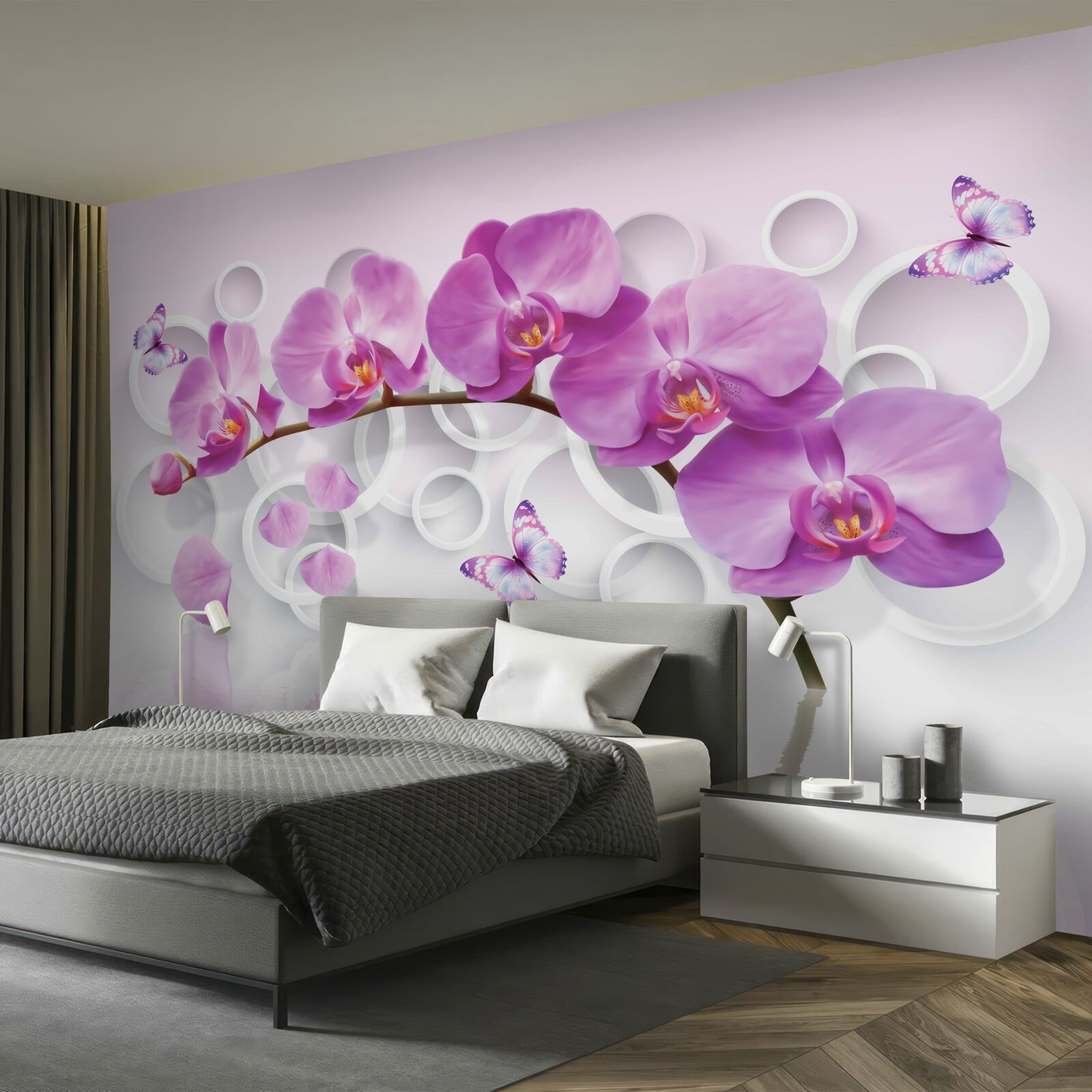 Fotobehang stam van een grote orchidee versierd met bloemen