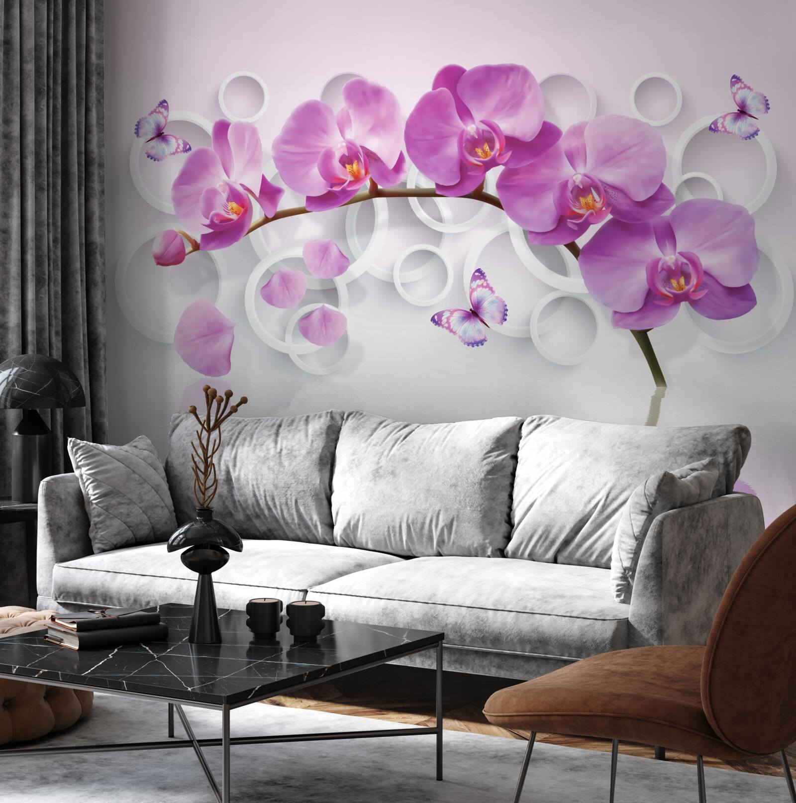 Fotobehang stam van een grote orchidee versierd met bloemen