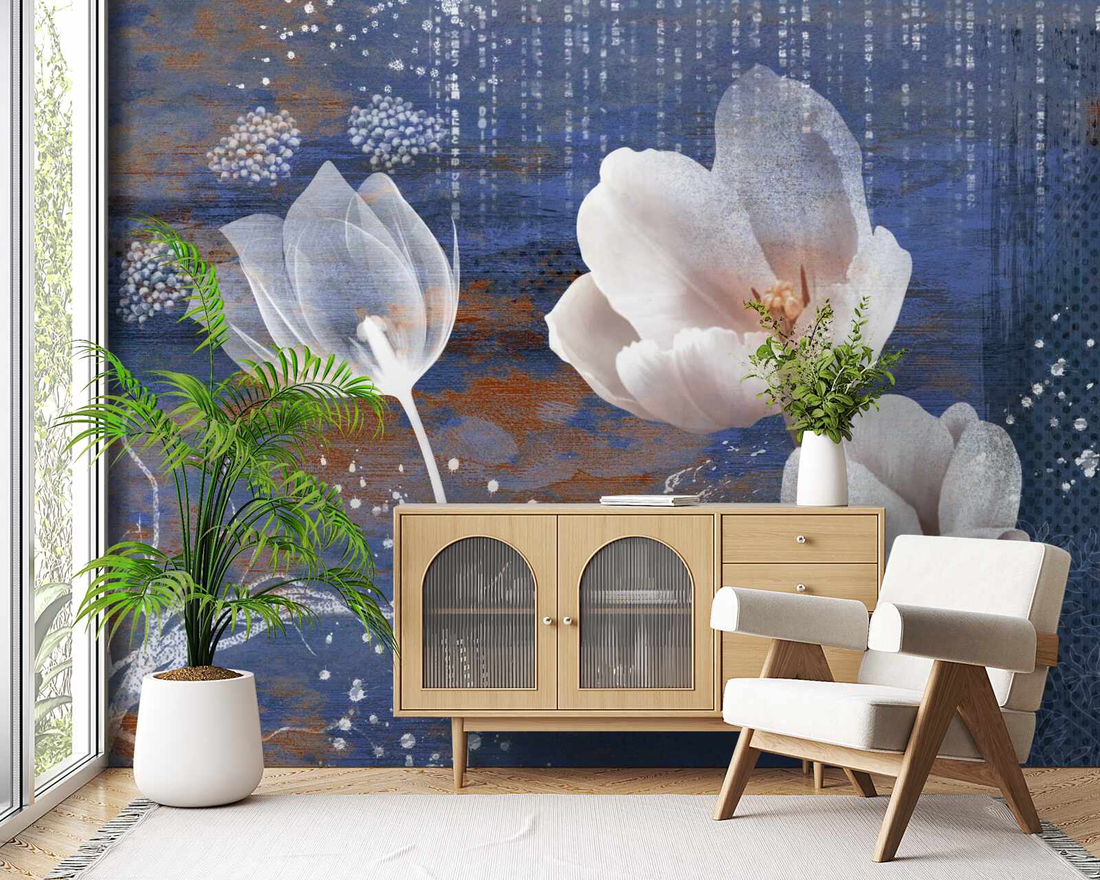 Fotobehang opengewerkte tulpen met witte knoppen