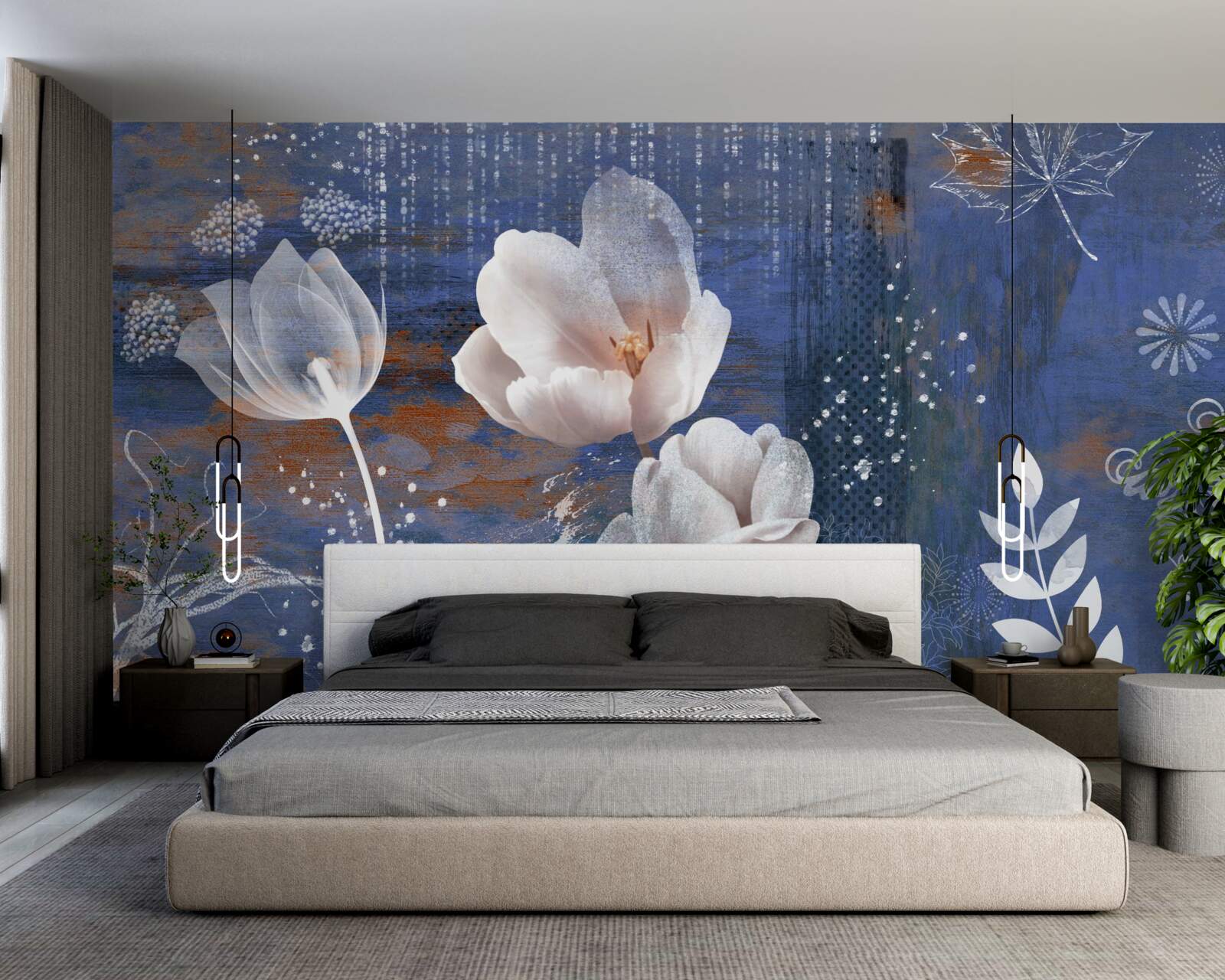 Fotobehang opengewerkte tulpen met witte knoppen