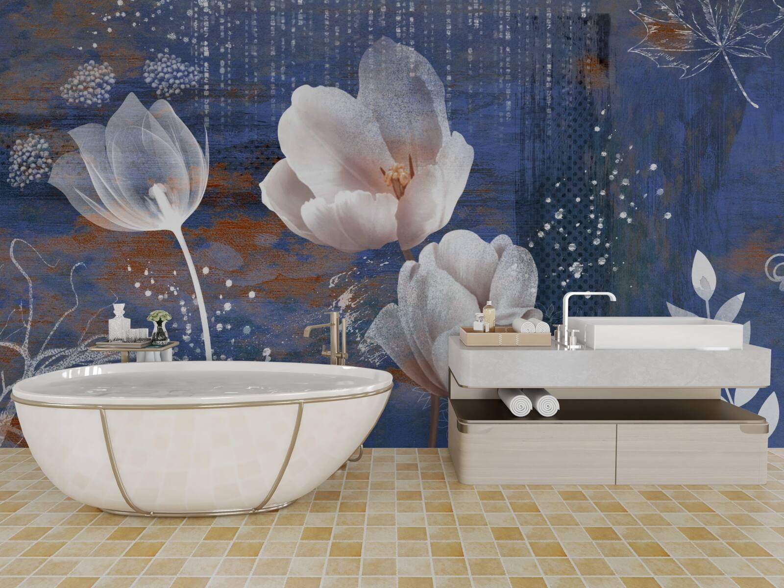 Fotobehang opengewerkte tulpen met witte knoppen