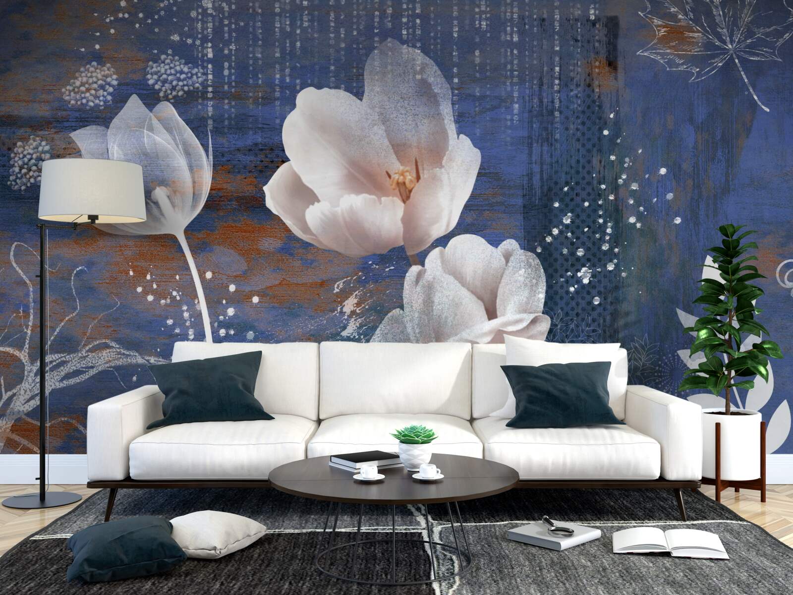 Fotobehang opengewerkte tulpen met witte knoppen