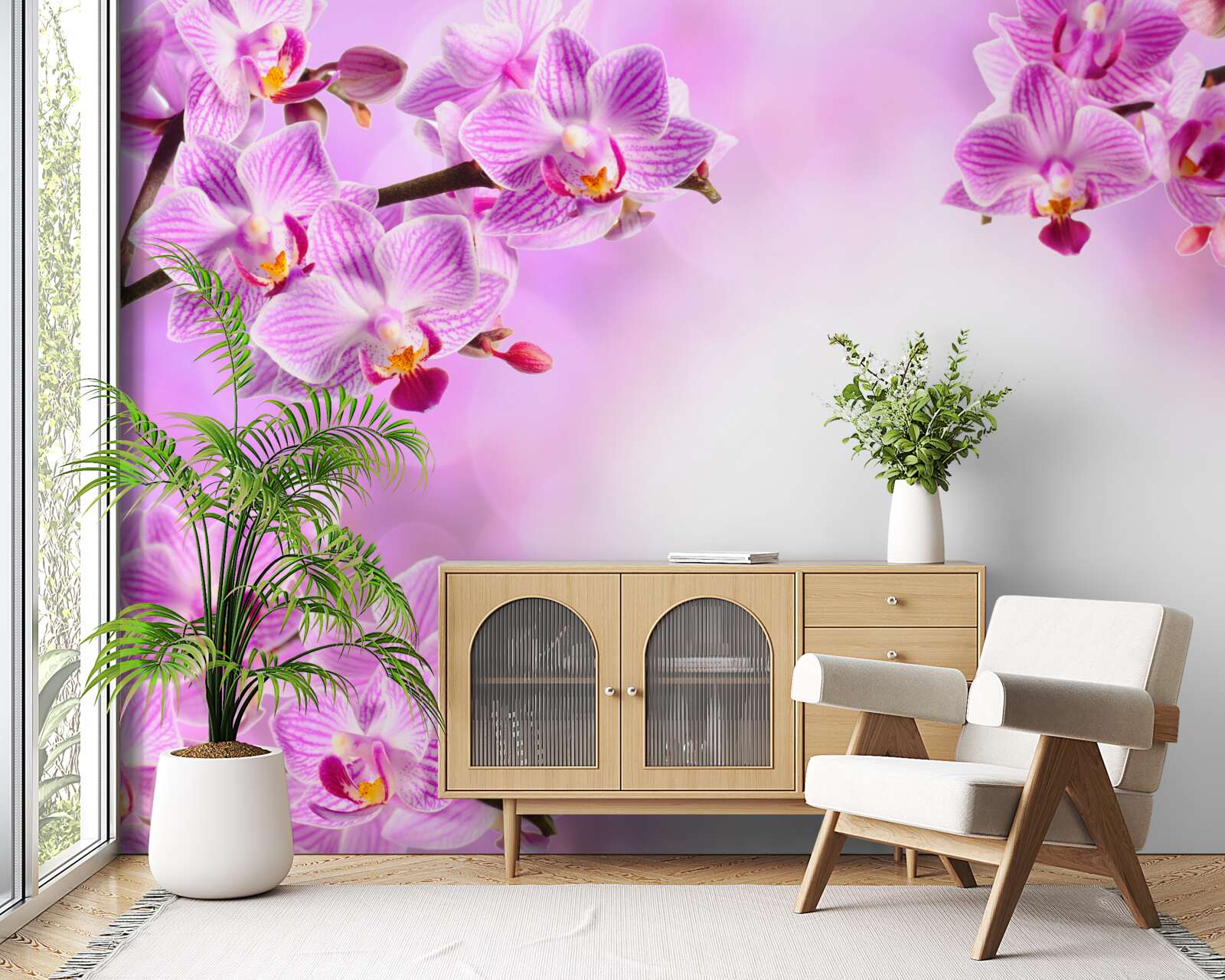 Fotobehang takken van lila orchideeën bedekt met bloemen