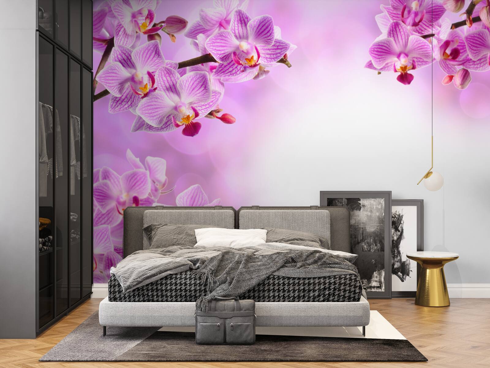 Fotobehang takken van lila orchideeën bedekt met bloemen