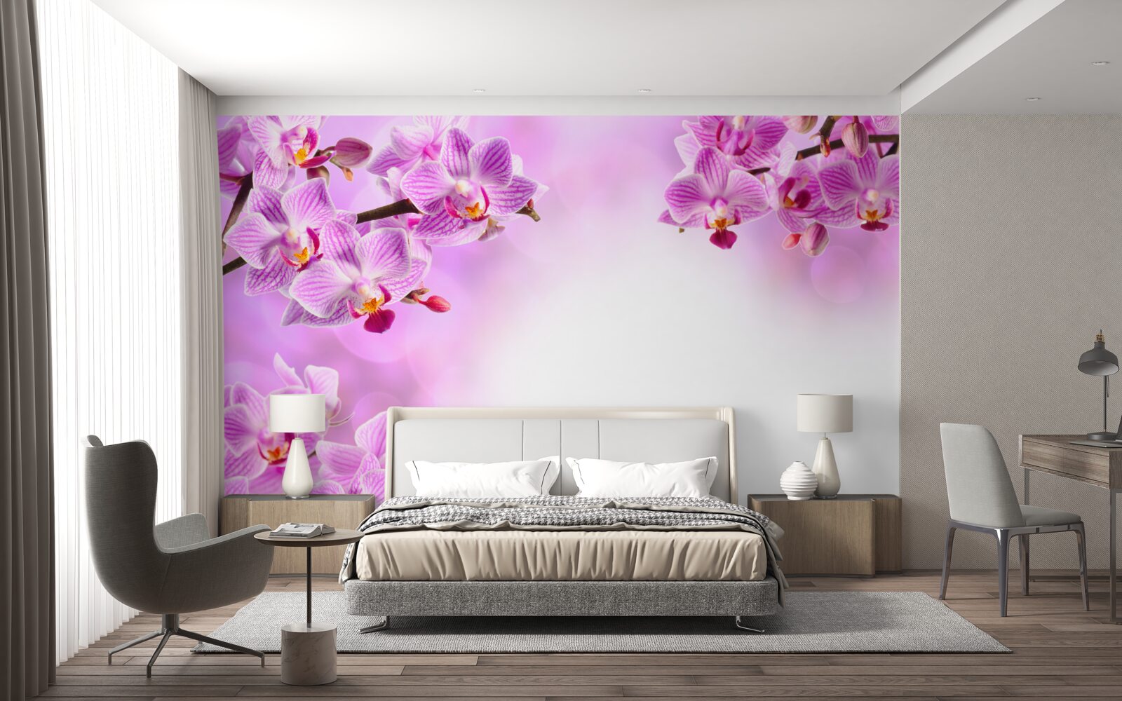 Fotobehang takken van lila orchideeën bedekt met bloemen