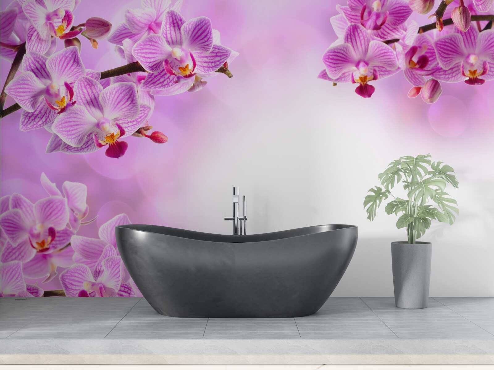 Fotobehang takken van lila orchideeën bedekt met bloemen