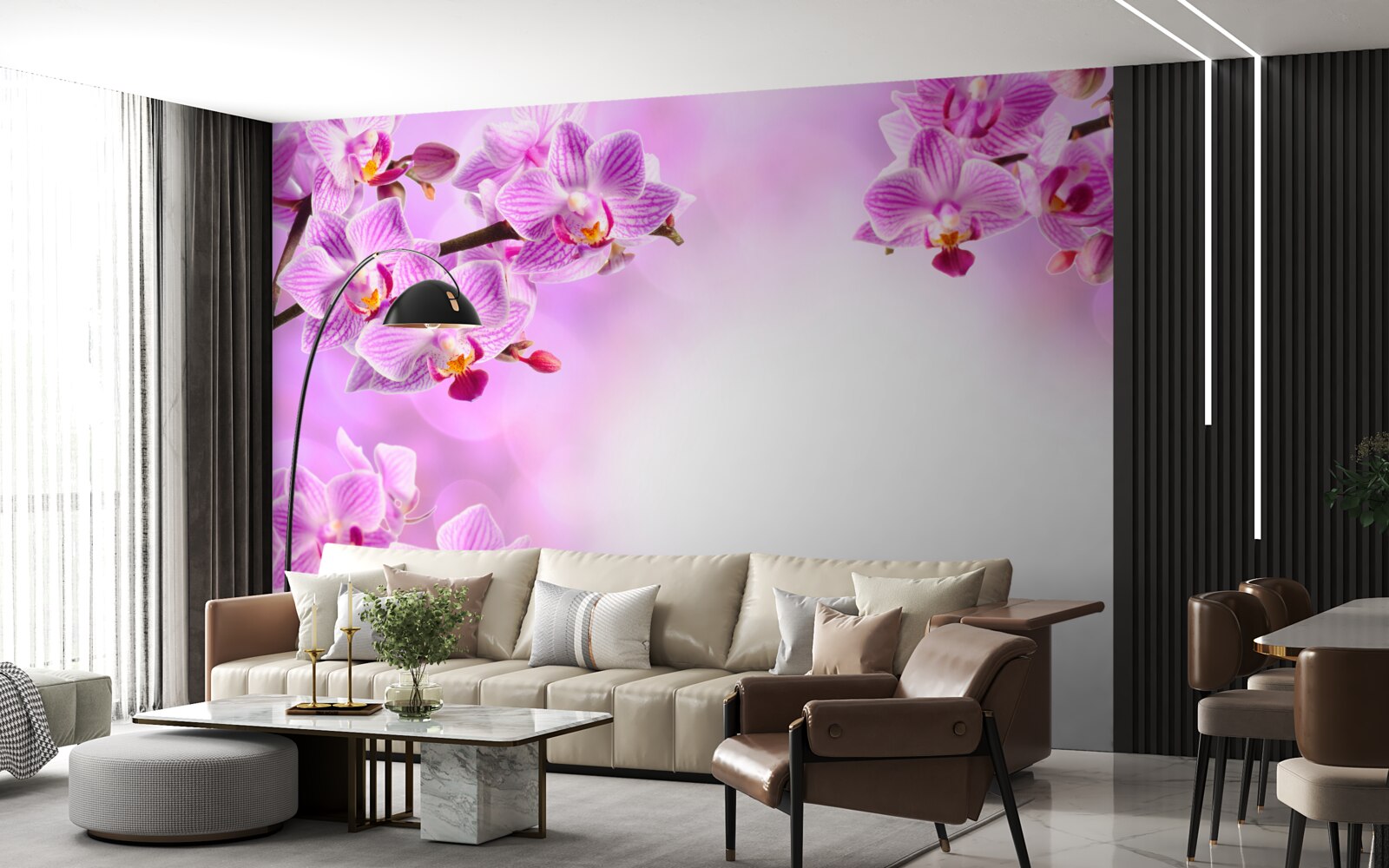 Fotobehang takken van lila orchideeën bedekt met bloemen