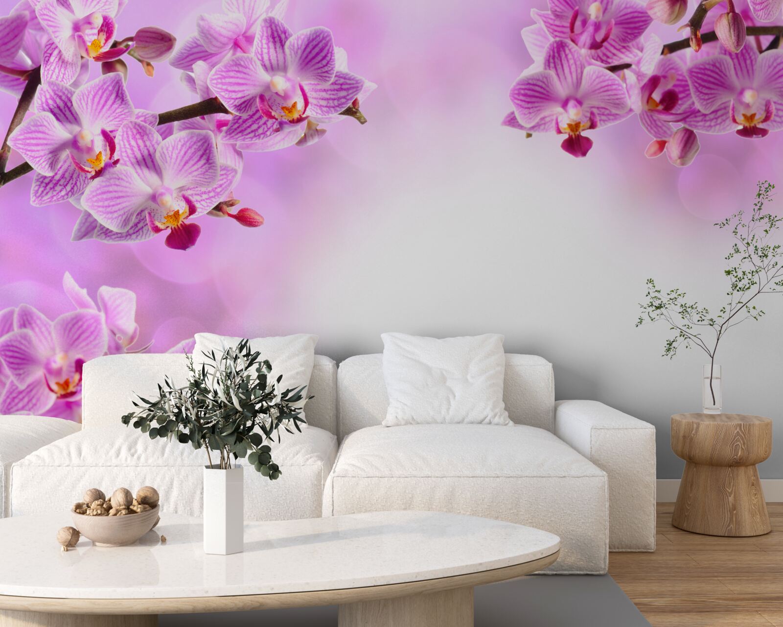 Fotobehang takken van lila orchideeën bedekt met bloemen