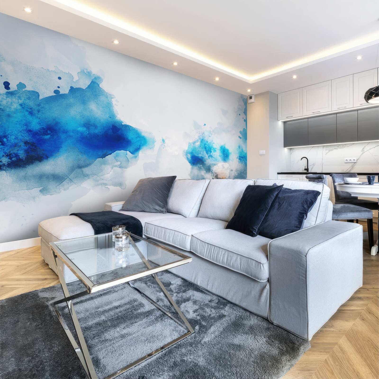 Fotobehang lichte vlek blauw op licht canvas