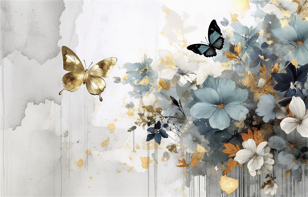 Fotobehang luxueus ontwikkelde knoppen en iriserende vlinders