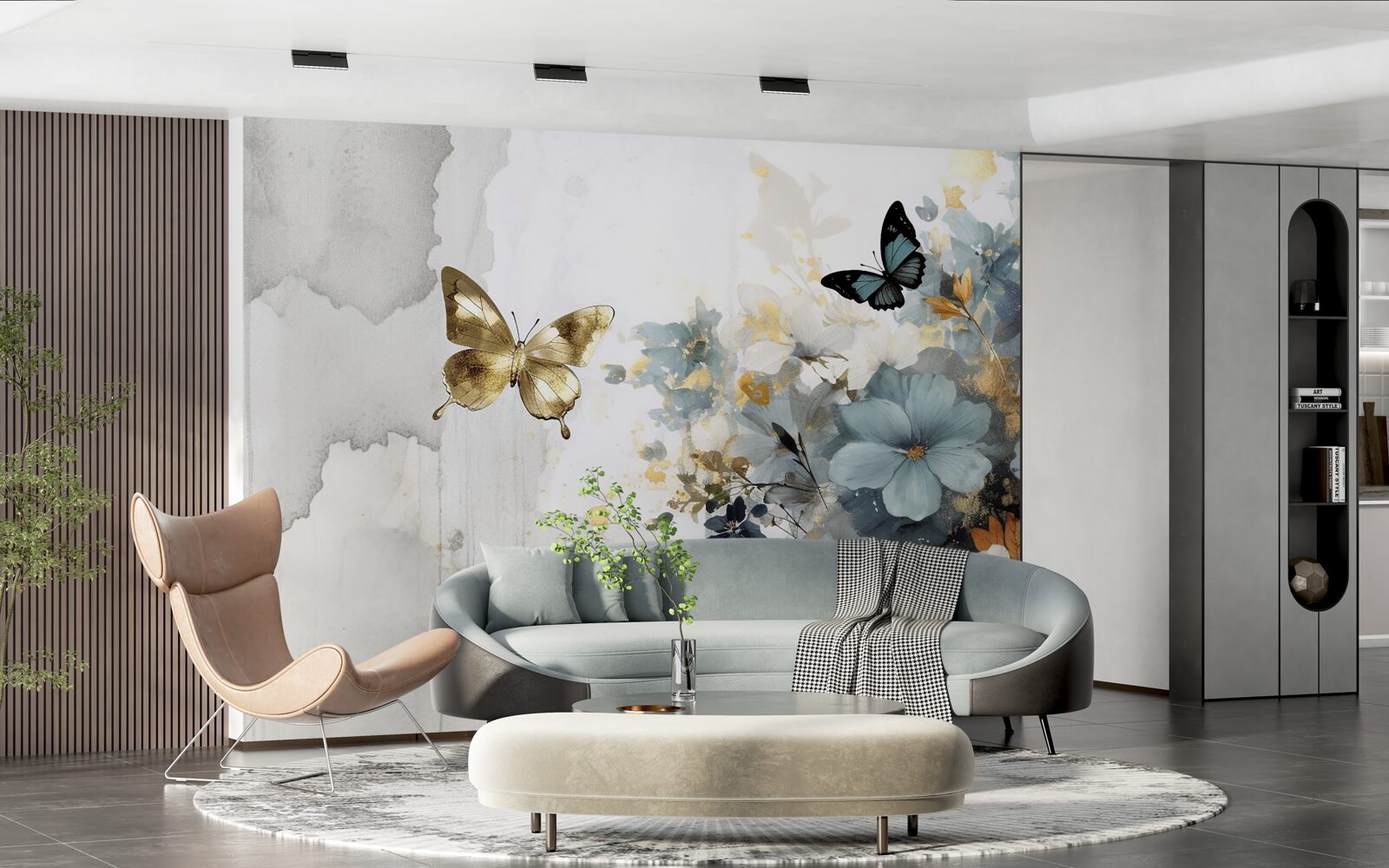 Fotobehang luxueus ontwikkelde knoppen en iriserende vlinders