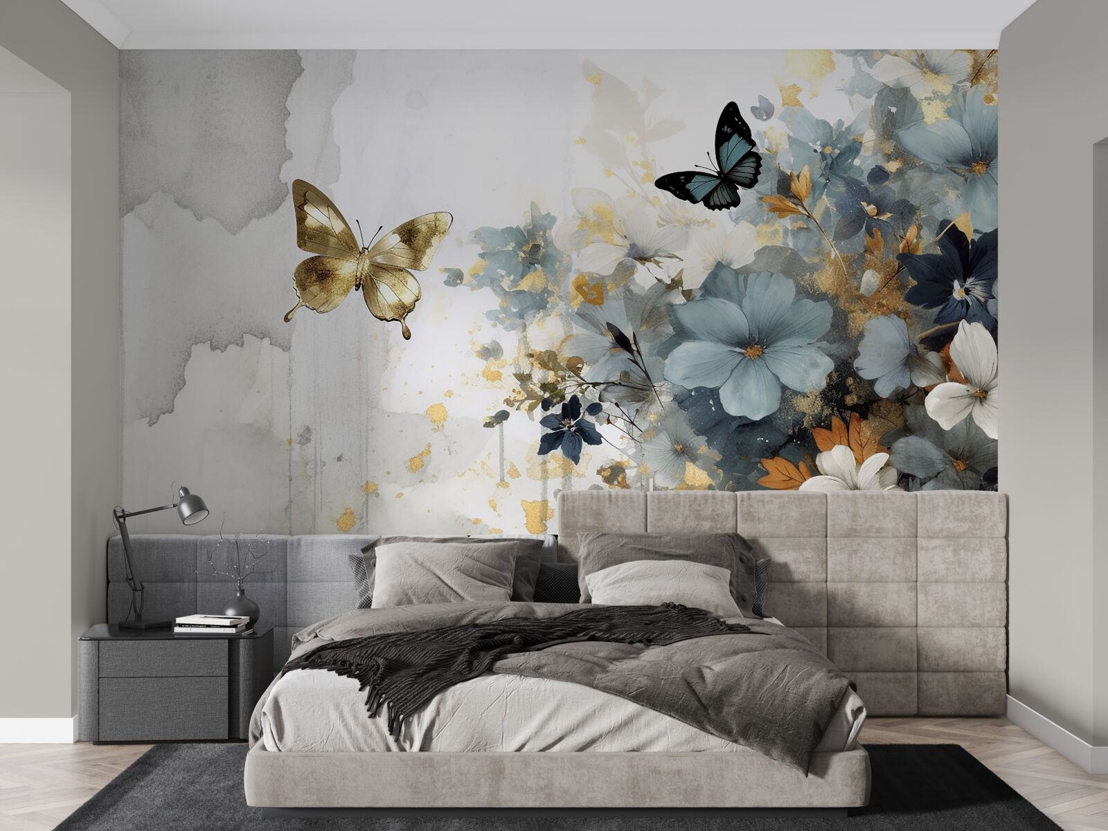 Fotobehang luxueus ontwikkelde knoppen en iriserende vlinders