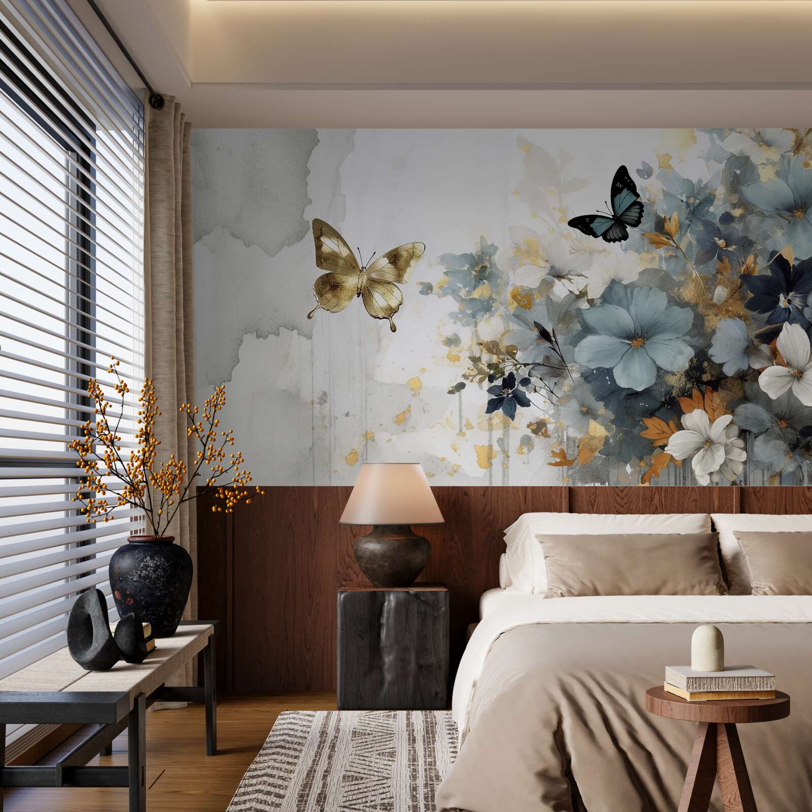 Fotobehang luxueus ontwikkelde knoppen en iriserende vlinders