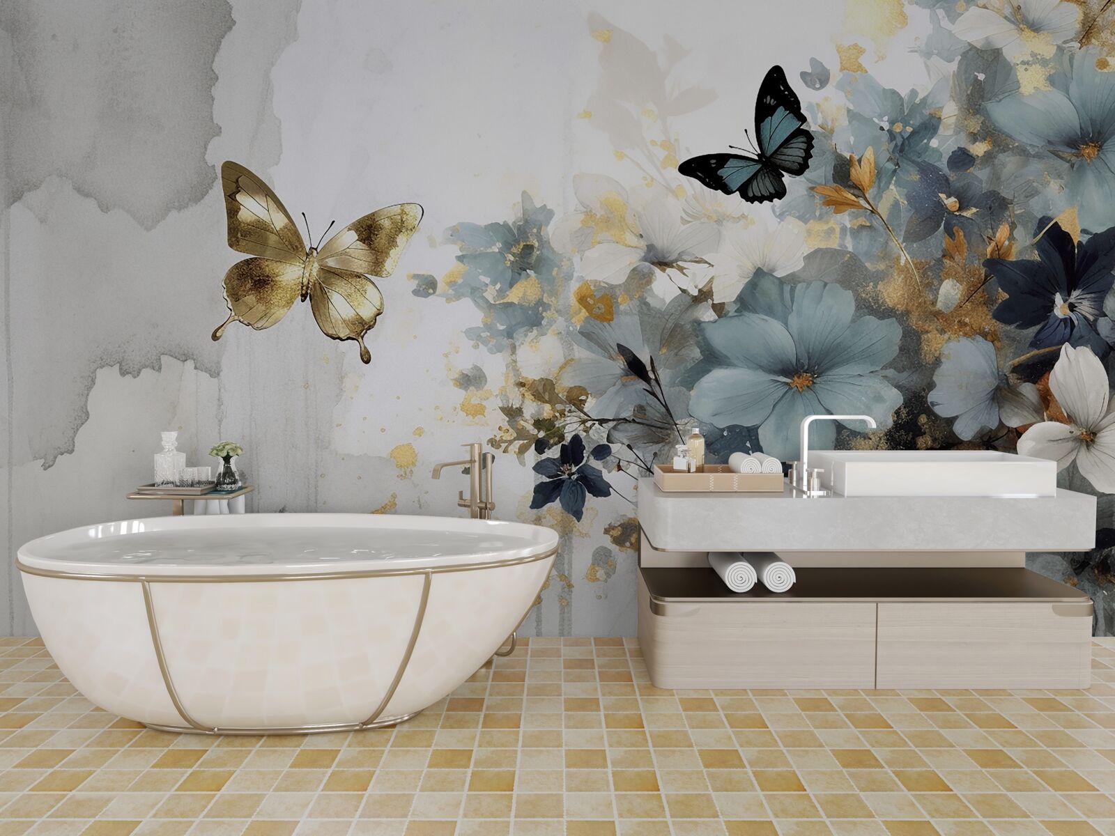 Fotobehang luxueus ontwikkelde knoppen en iriserende vlinders