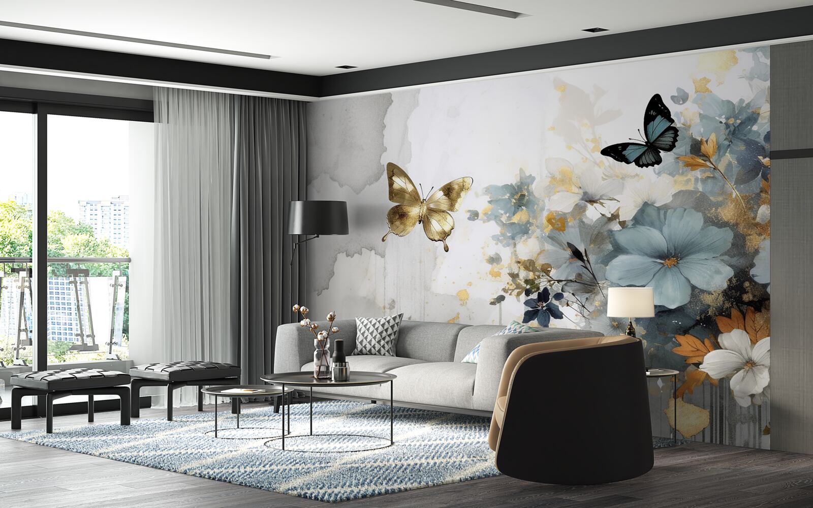 Fotobehang luxueus ontwikkelde knoppen en iriserende vlinders