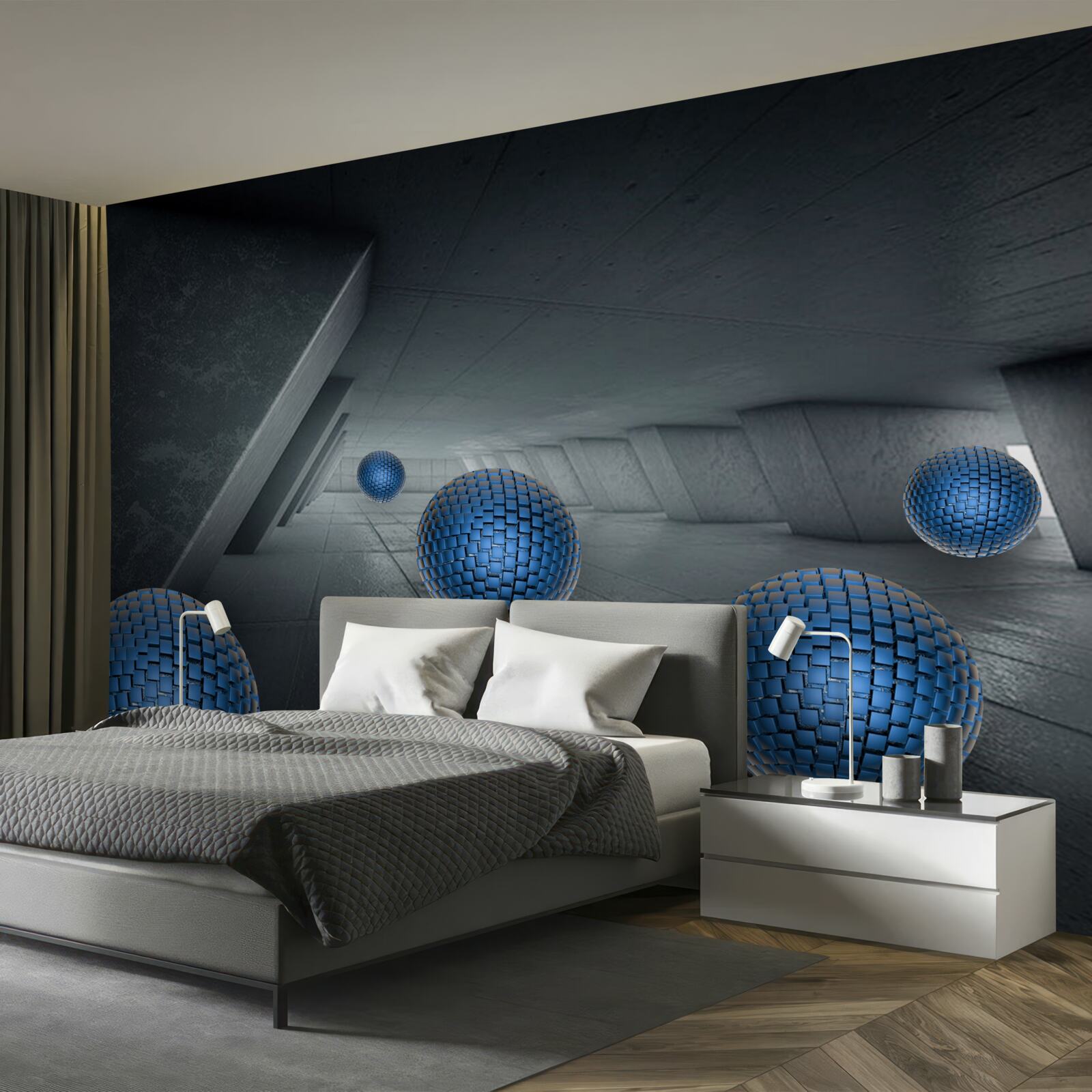 Fotobehang eindeloze grijze doorgang en blauwe ballen