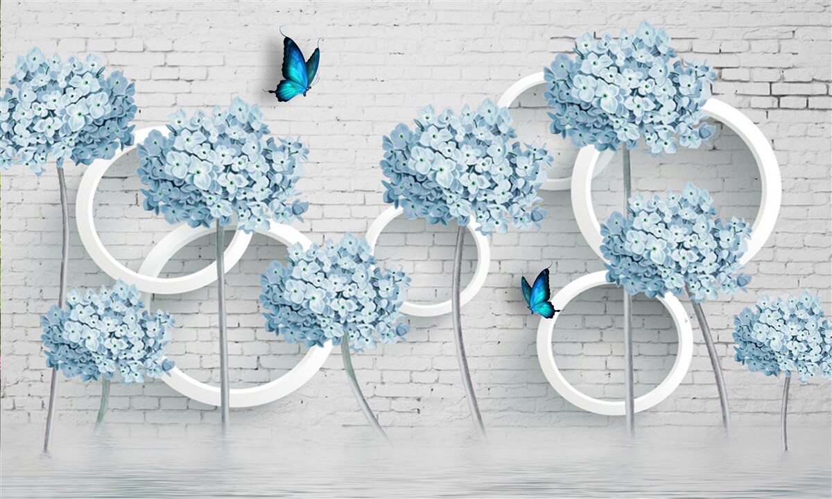 Fotobehang lila takken met blauwe bloemen op een dubbelzinnige achtergrond