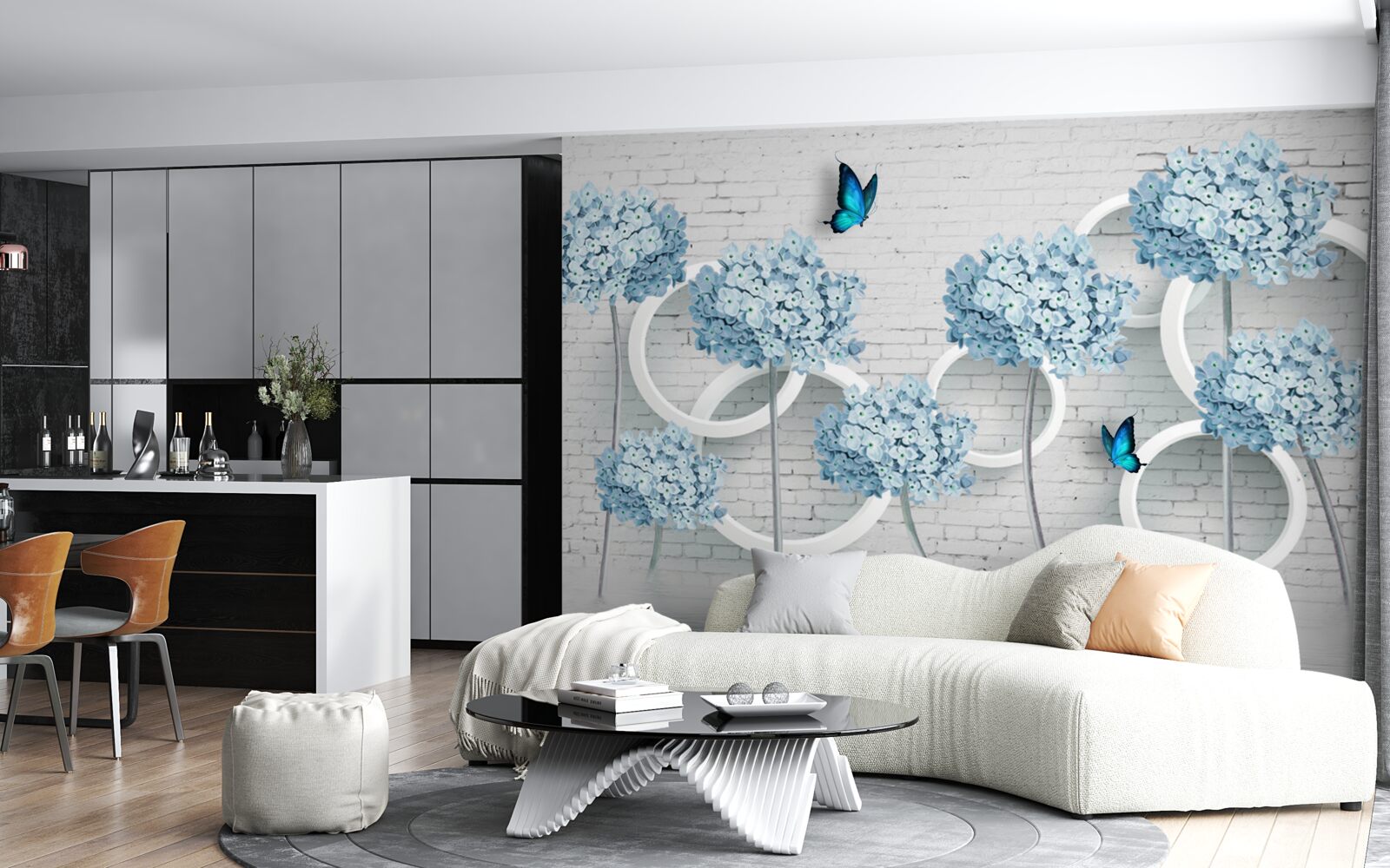 Fotobehang lila takken met blauwe bloemen op een dubbelzinnige achtergrond