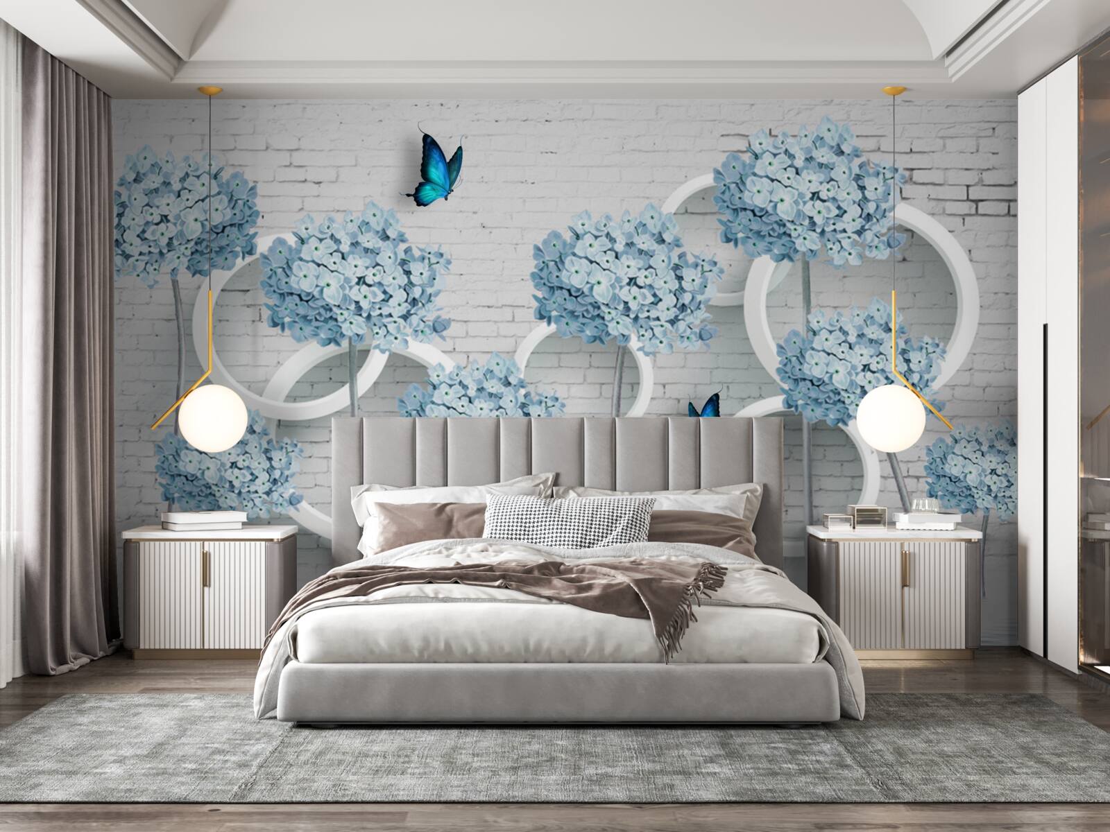 Fotobehang lila takken met blauwe bloemen op een dubbelzinnige achtergrond