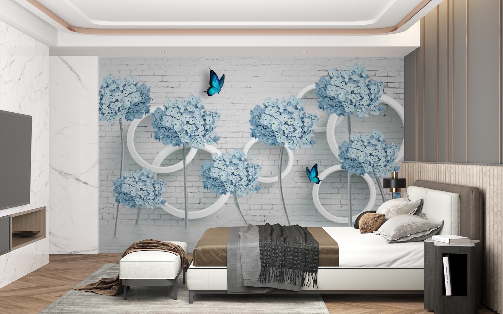 Fotobehang lila takken met blauwe bloemen op een dubbelzinnige achtergrond