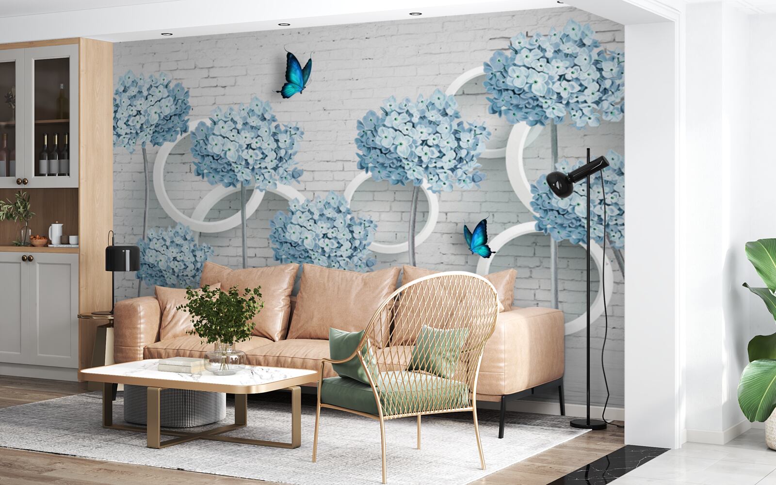 Fotobehang lila takken met blauwe bloemen op een dubbelzinnige achtergrond