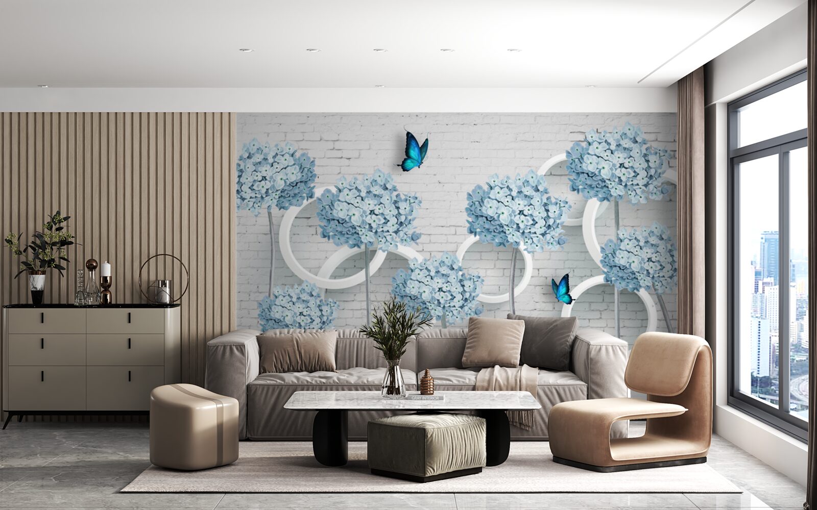 Fotobehang lila takken met blauwe bloemen op een dubbelzinnige achtergrond