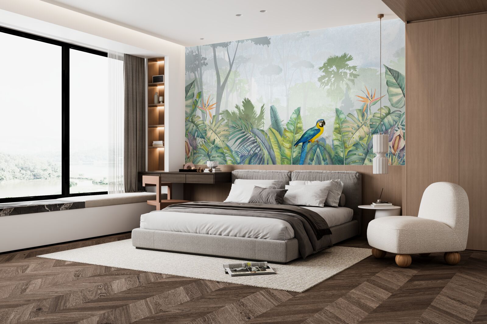 Fotobehang een papegaai ontspant op een palmblad