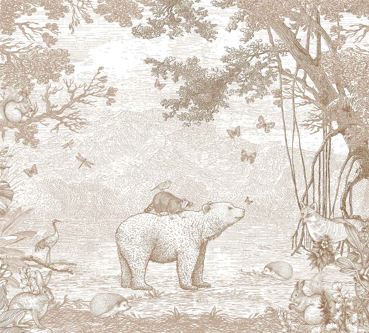 Fotobehang een beer loopt door een besneeuwd bos