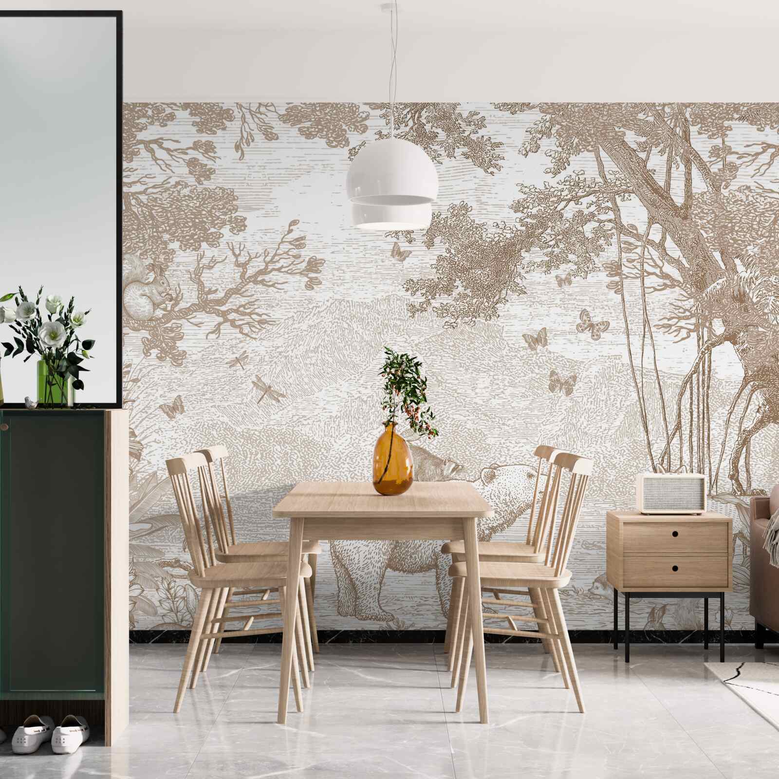 Fotobehang een beer loopt door een besneeuwd bos