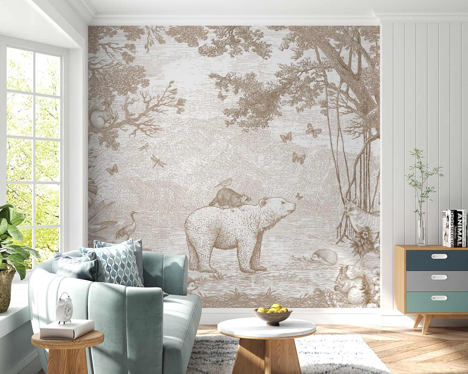 Fotobehang een beer loopt door een besneeuwd bos