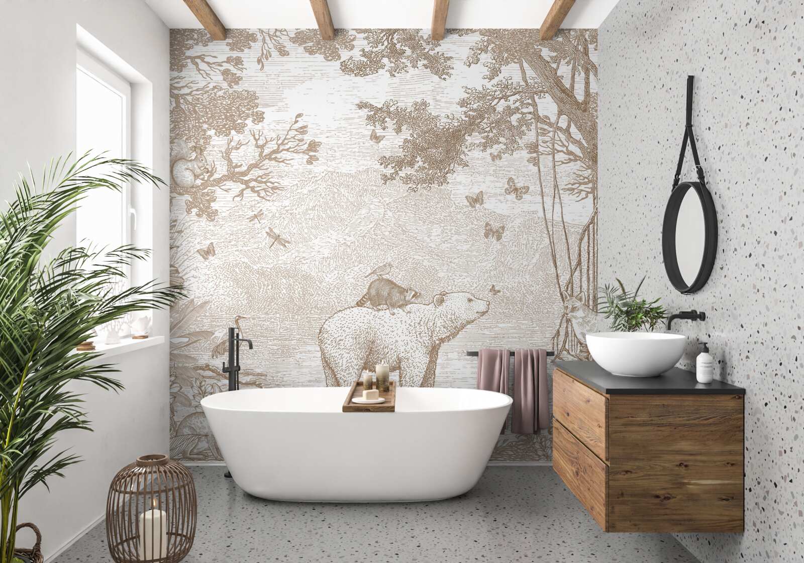 Fotobehang een beer loopt door een besneeuwd bos