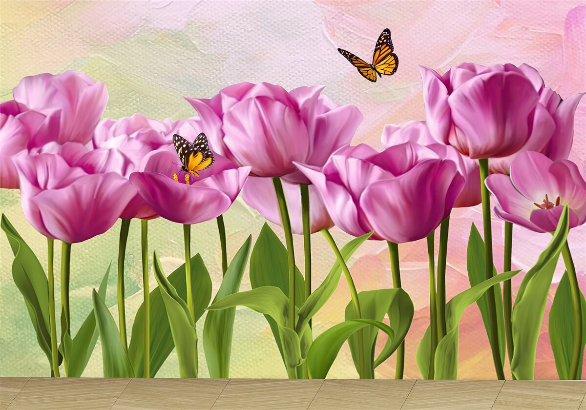 Fotobehang vlinders en paarse tulpen in het veld