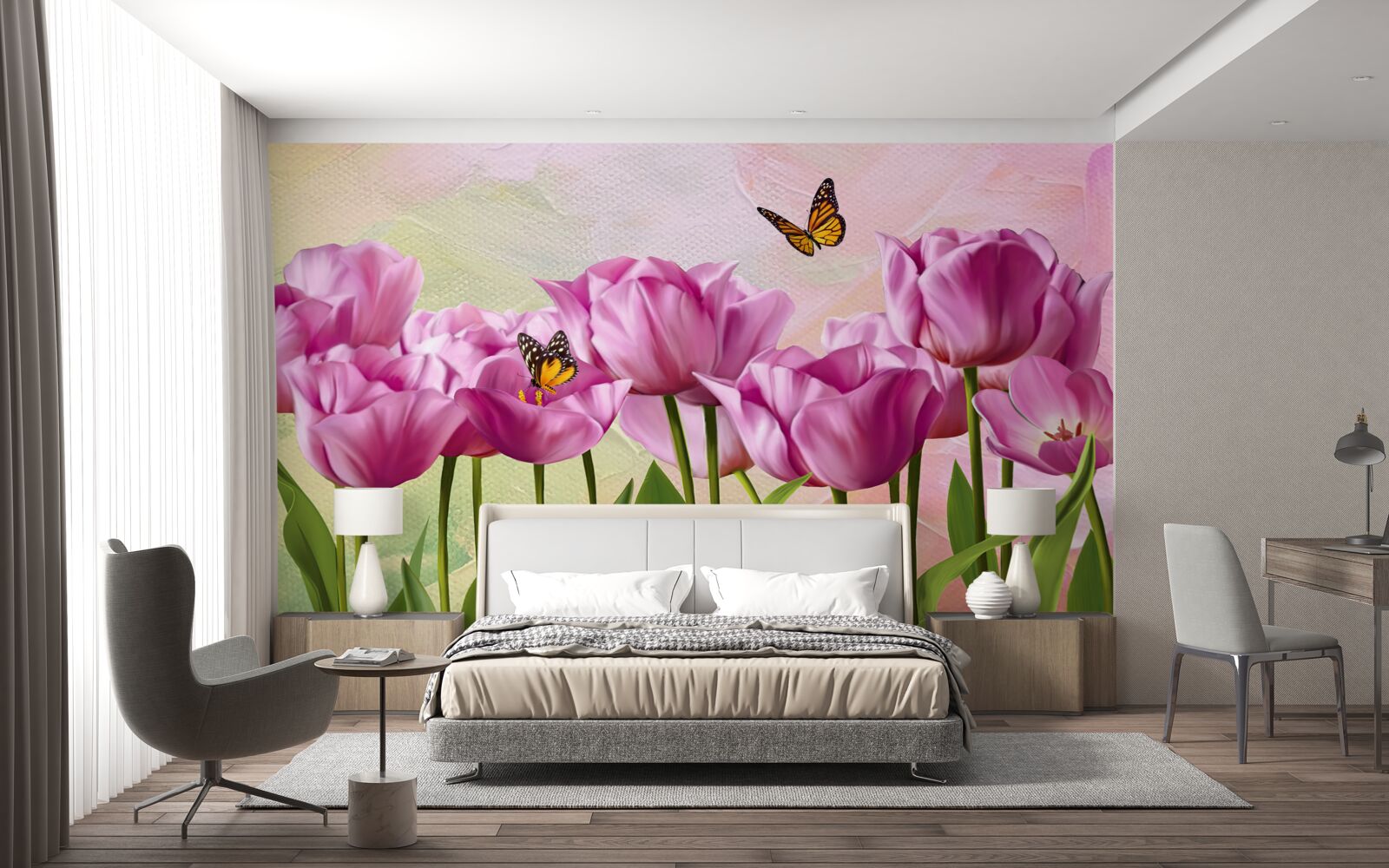 Fotobehang vlinders en paarse tulpen in het veld