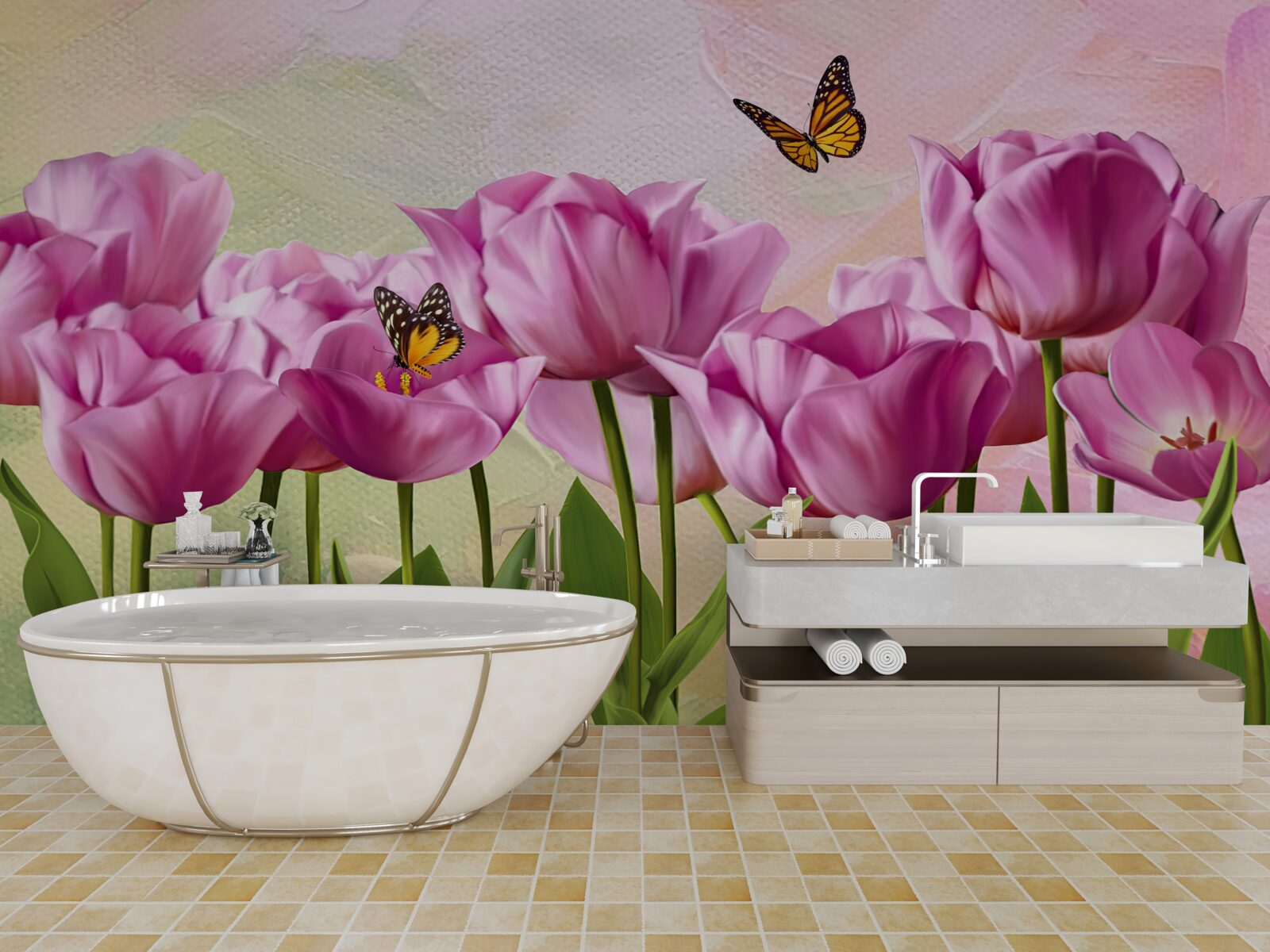 Fotobehang vlinders en paarse tulpen in het veld