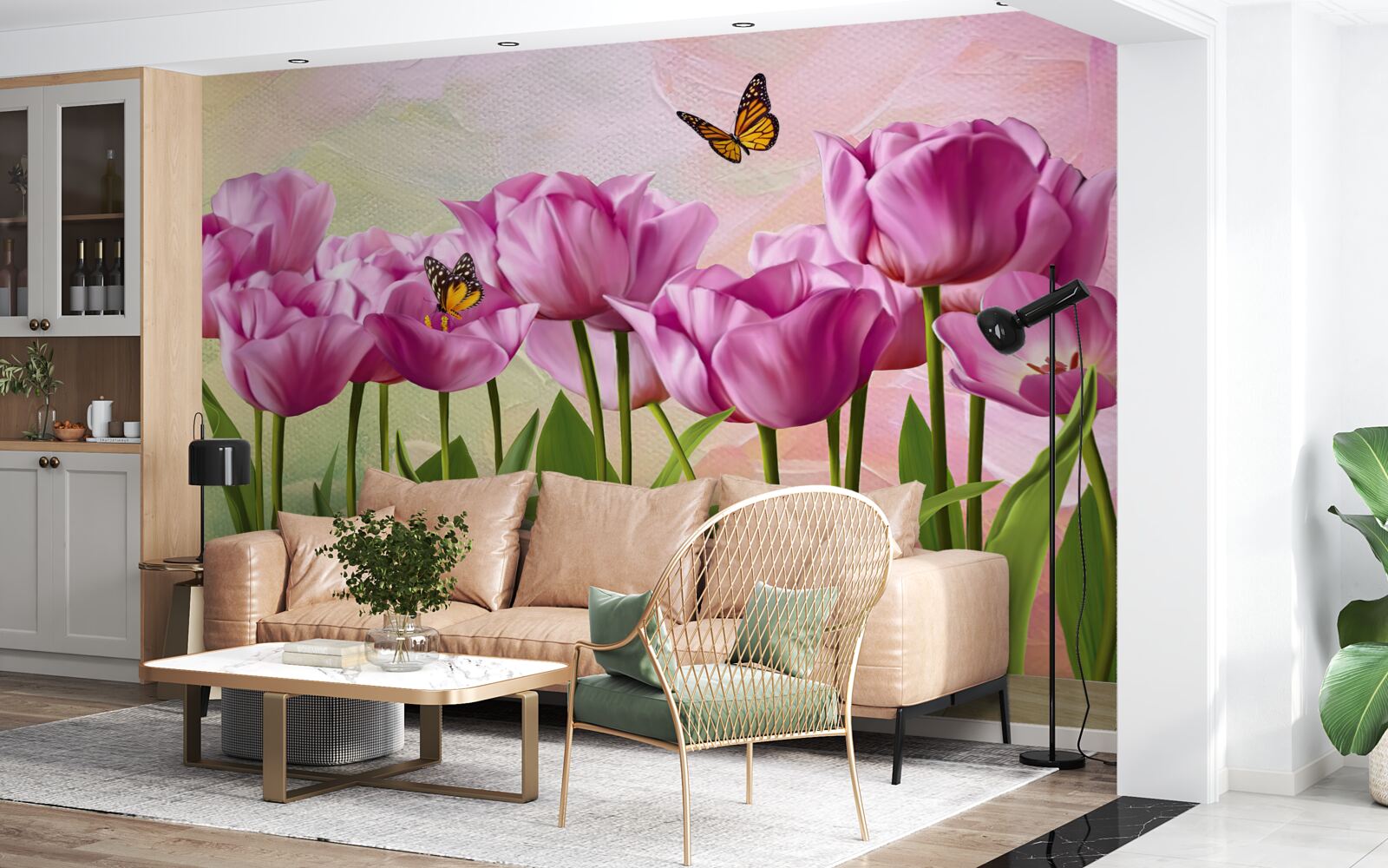 Fotobehang vlinders en paarse tulpen in het veld