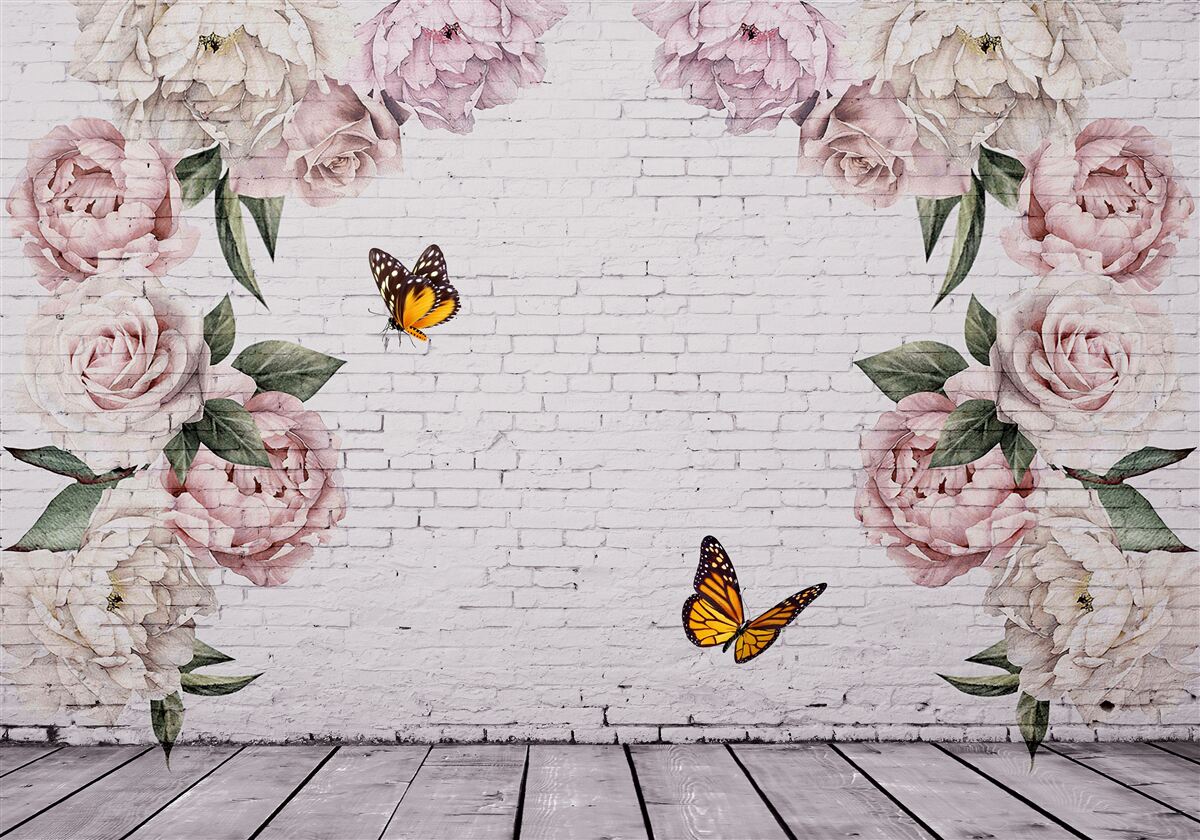 Fotobehang pioenen in roze en vlinders